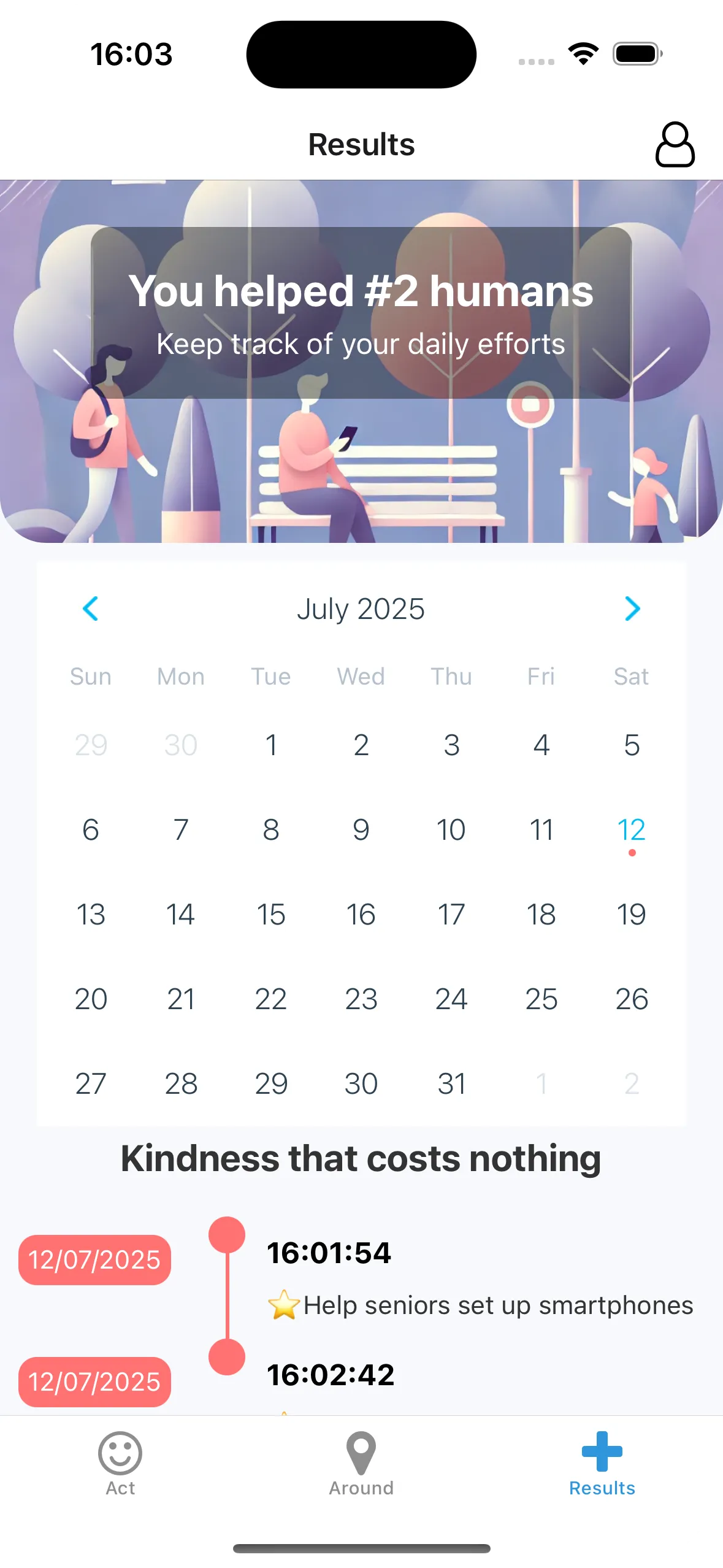 Daily Acts Screen - Track your kindness journey